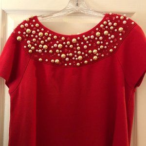 Pearl Beaded knit top, pink with pearls and crystals